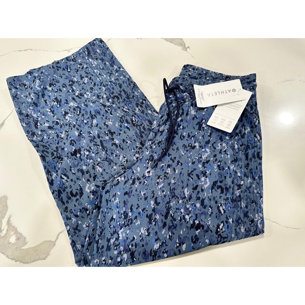 Athleta Avenue Wide Leg Crop Pant 8 Tall‎ Blue Camo Print Smocked Waist NWT